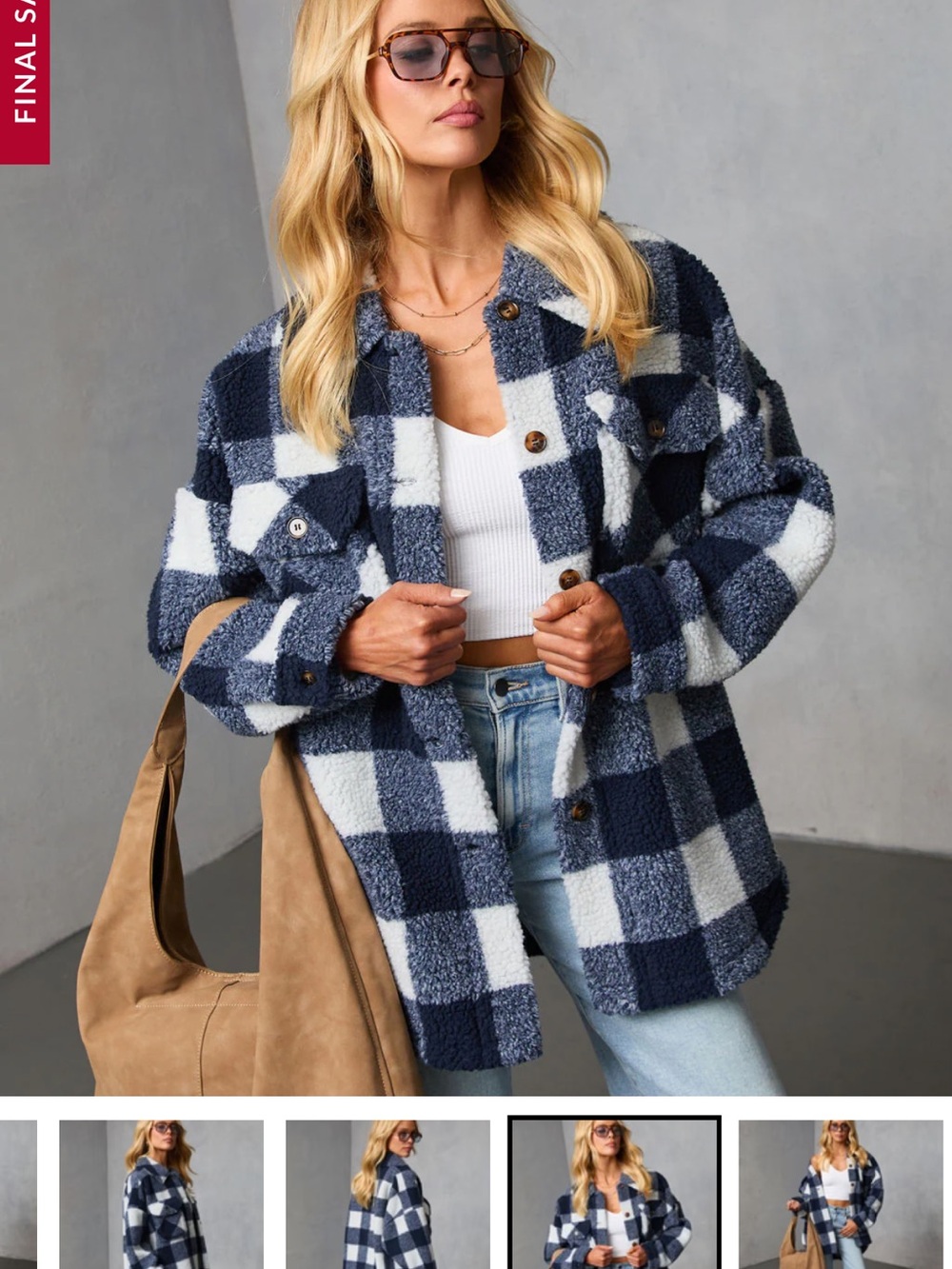 Vici Navy & White Plaid Teddy Shacket